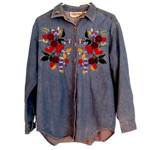 Vintage Floral Embroidered Denim Shirt